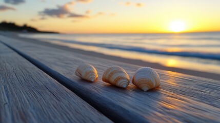 Three delicate seashells in soft focus on weathered wooden planks, with a stunning sunset glowing over the calm ocean in the background.