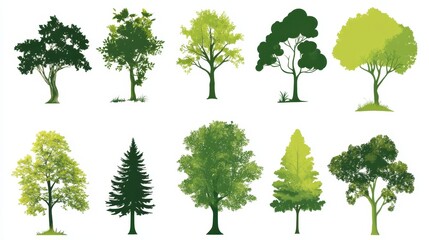 A collection of diverse tree silhouettes showcasing various shapes and shades of green, perfect for nature-themed design projects.