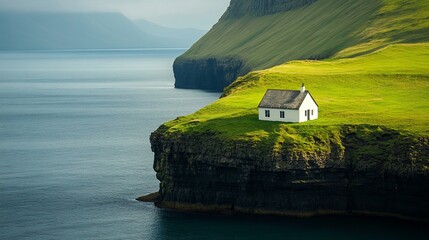 Charming cliffside cottage with stunning sea views and lush green grass backdrop