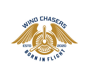 Airplane and aircraft icon or aviation badge for pilot or aviator, vector emblem. Airplane propeller with eagle bird wings, wind chasers born in flight quote for t shirt print, air or aviation academy