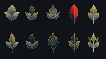 Obraz premium An array of artistic leaf designs in various colors and shapes, showcasing elegance and creativity against a dark background.