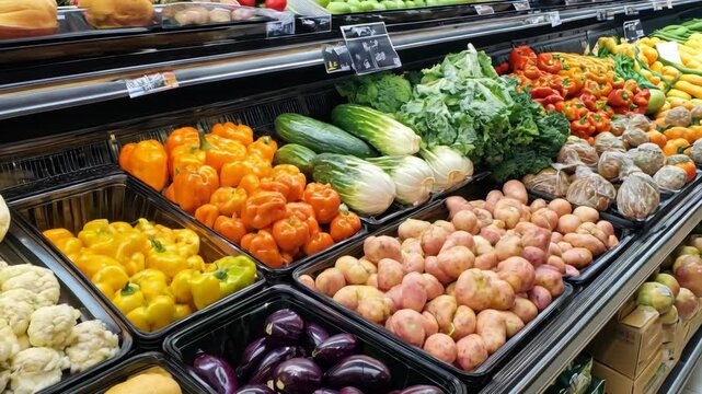 A colorful variety of fresh vegetables neatly arranged in the produce section of a grocery store