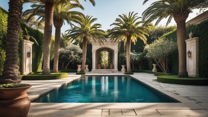 Fototapeta premium Elegant tropical garden featuring a serene swimming pool surrounded by palm trees and lush greenery for upscale outdoor relaxation.