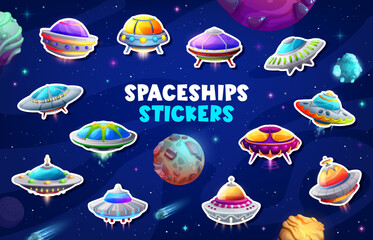 Stickers pack of ufo flying saucers set against a space background. Vector cosmic patches with alien spaceships floating in galaxy with planets, stars and meteors. Adhesive fiction decals