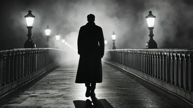 Mysterious noir stroll on foggy bridge with vintage streetlights and shadowy silhouette of a man in the long cloak. This image for use in cinematic, thriller or mystery book covers, film posters