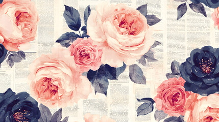 Vintage floral newspaper texture background, with peonies and roses
