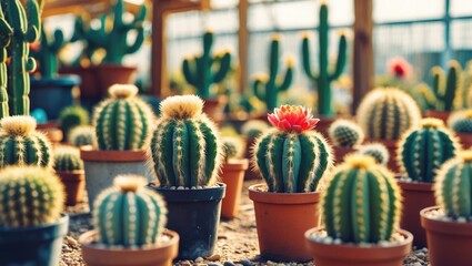 Fototapeta premium Vibrant Collection of Potted Cacti in a Sunlit Nursery Creating a Warm and Inviting Atmosphere with Selective Focus on Unique Varieties