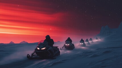 snowmobiles traveling through the tundra, with the Northern Lights casting an eerie glow on the snow-covered landscape as they head toward the horizon.