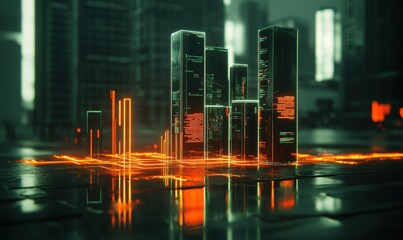 Digital city with glowing buildings and data streams on platform