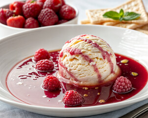 ice cream with raspberry sauce and fresh berries