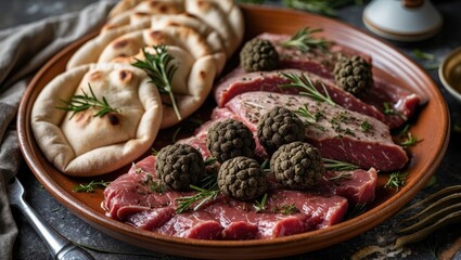 Obraz premium Gourmet Meat Platter with Truffles and Pita Bread Served on Clay Plate Garnished with Fresh Herbs and Rustic Setting
