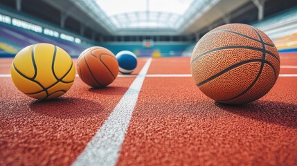 Naklejka premium Basketball indoor arena floor, sports balls
