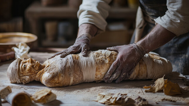 Mummy creation cartoon vector infographic illustration. Stages of mummification process, embalming dead body, wrapping with cloth and placing in sarcophagus. Traditions of ancient Egypt, cult of dead