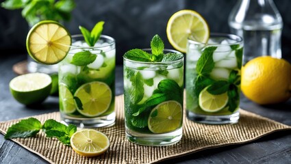 Fototapeta premium Refreshing Mojito Cocktails with Lime Lemon and Mint on a Table with Empty Space for Your Text or Branding Elements