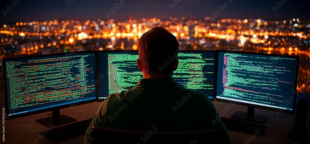 Wall mural developer coding with multiple screens at night city lights background