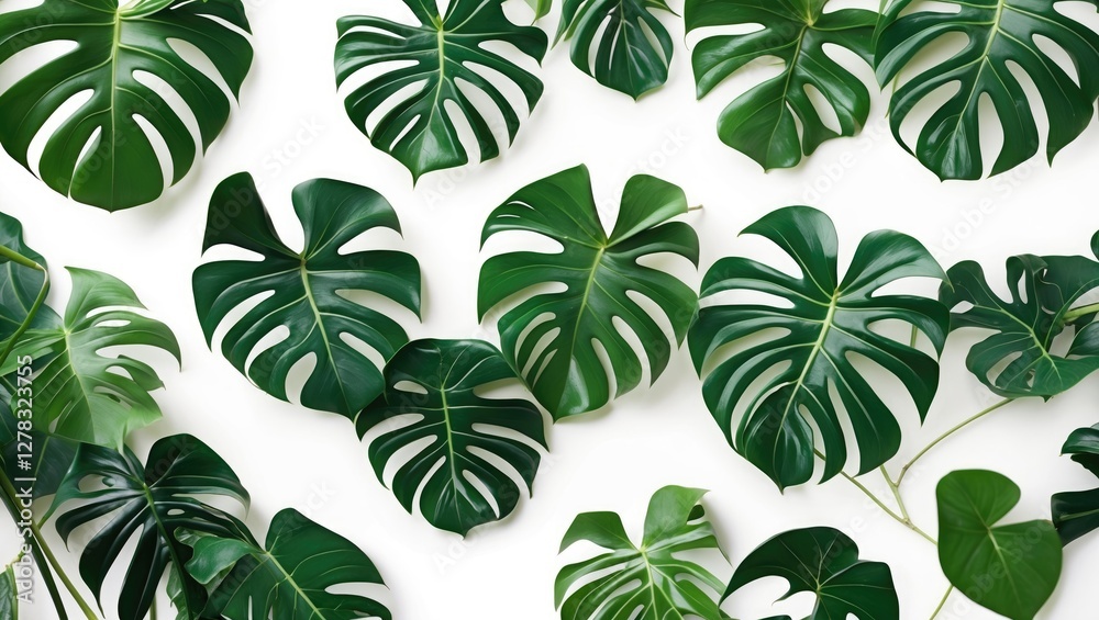 Sticker Monstera plant leaves arranged artistically on a white background creating a fresh and vibrant tropical atmosphere with space for text.