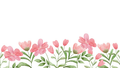 Seamless border with pink flowers and buds of painted in watercolor. Floral, seamless background.