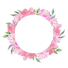 Hand-drawn watercolor floral frame with pink delicate flowers and leaves. Watercolor illustration isolated on white background. Wreath for decoration of wedding invitations, cards, packaging.