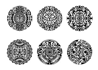 Maori tribal tattoo. Vector set of intricate circular forms, black and white geometric patterns, god faces and abstract mandala motifs inspired by Polynesian and Maori art, cultural decorative art
