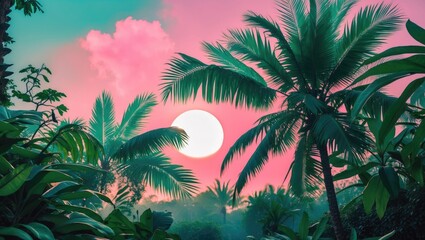 Tropical sunrise through palm leaves with vibrant turquoise and pink hues creating a serene exotic atmosphere in nature's landscape.