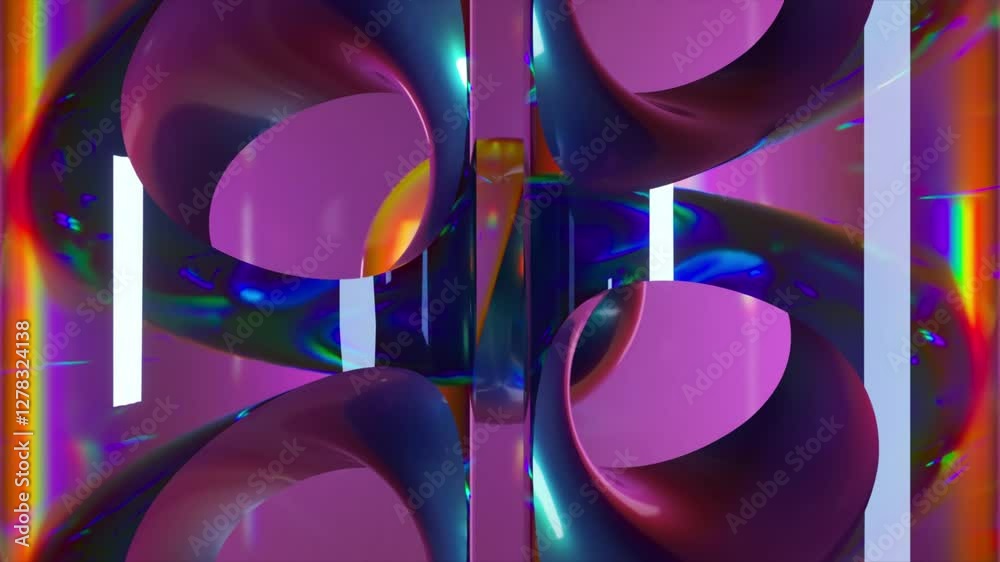 Poster abstract animation shows a reflective sphere moving through an iridescent, purple and blue structure