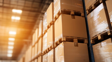 Obraz premium Sturdy pallets stacked with boxes in well organized warehouse