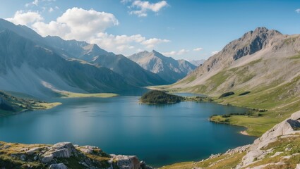 Fototapeta premium Breathtaking Mountain Landscape Featuring Serene Lake and Lush Greenery with Space for Adding Text or Captions