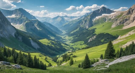 Fototapeta premium Majestic Mountain Range with Lush Green Valley Under Clear Blue Sky in Summer Landscape