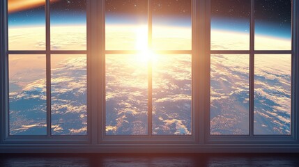 Fototapeta premium Breathtaking sunrise over Earth viewed from a large window, showcasing vibrant colors and a stunning panoramic view of our planet.