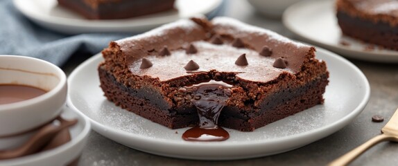 Decadent Lava Cake Brownie Slice with Melted Chocolate Filling and Space for Textual Overlay