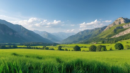Fototapeta premium Serene landscape showcasing lush green fields and majestic mountains under a clear blue sky offering space for text and an inviting natural scene.