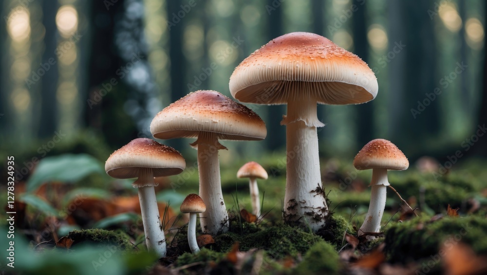 Poster mushrooms in a serene forest setting with a natural bokeh background creating space for text enhance