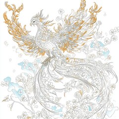 Fototapeta premium Elegant Gold and White Phoenix Bird with Cherry Blossoms