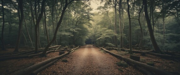 Tranquil Forest Pathway Surrounded By Lush Foliage And Fallen Logs Ideal For Inspirational Text Overlay