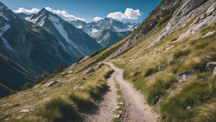 Fototapeta premium Scenic Mountain Trail Surrounded By Lush Greenery With Open Space For Text Overhead