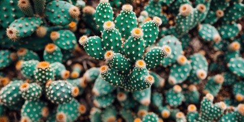 Fototapeta premium Vibrant close-up of clustered cactus plants showcasing intricate leaves and textures in a natural background setting.