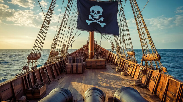 Pirates party flyer, invitation for adventure game or event. Vector poster with cartoon illustration of sea, pirate ship wooden deck with cannon and black flag with skull