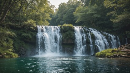 Serene Natural Waterfall Surrounded by Lush Greenery with Tranquil Water Surface Ideal for Text Overlay and Nature-Themed Designs