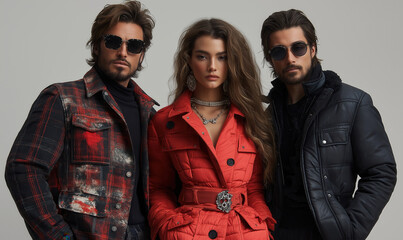 Fototapeta premium Fashionable models showcase winter attire in studio.