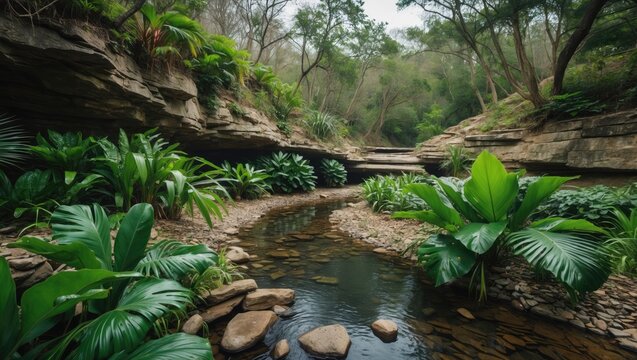 Tranquil rainforest stream surrounded by lush tropical greenery and serene rock formations in a natural park setting during spring.