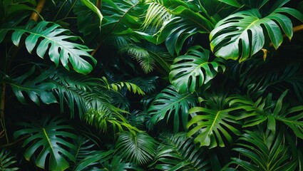 Lush Green Tropical Leaves in Dense Forest Environment Creating a Vibrant Nature Background for Design and Illustration Projects