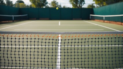 Fototapeta premium Paddle Tennis Court View with Net and Tennis Ball Perfectly Positioned for Active Gameplay