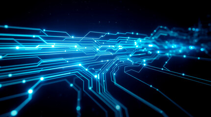 Abstract AI circuit flow with glowing lines and dynamic data transmission