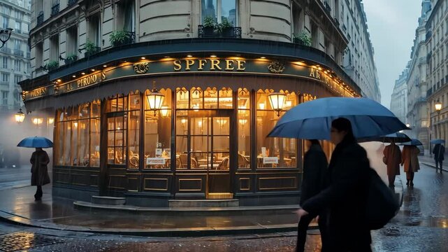 Strolling past a charming cafe on a rainy Parisian afternoon with warm lights glowing