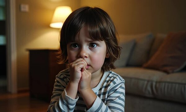 Child nervously biting their nails in a cozy living room  