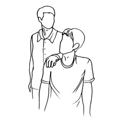 man put hand on friend's key from behind - hand drawn line art drawing