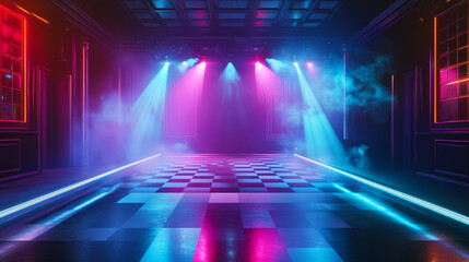 Dance floor, empty night club stage illuminated with red and blue spotlights. Checkered scene with laser beams, lamps and swirling smoke, disco dancing area interior, Realistic 3d vector illustration