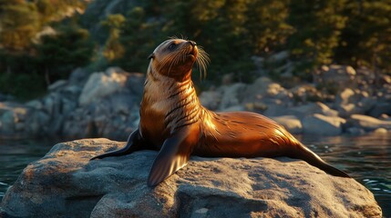 Obraz premium Majestic Sea Lion Relaxing on a Rocky Shore in Calm Waters