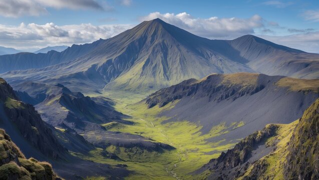 Rhyolite Mountains Majestic Volcanic Range Surrounded By Lush Green Valleys Under Clear Blue Skies In The Highlands