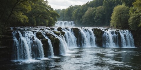 Fototapeta premium Serene Waterfall Cascading Over Rocks Surrounded By Lush Green Forest Landscape With Space For Text Overlay